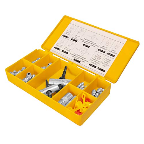 Image of PROLUBE 65-Piece Metric & SAE Grease Fitting Kit | 6,000 PSI | Includes 1 /8 inch-27, inch-28 (Straight, 90) & M6, M8 | Easy Out Tool, Grease Fitting Caps, 4-Jaw Coupler, Thread Tester | #43986