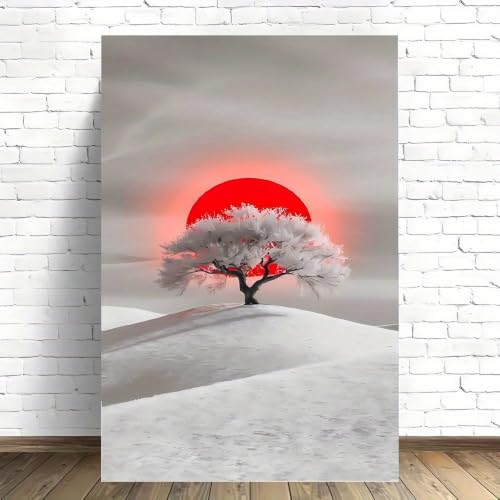Toile Le Soleil Rouge decoration murale paysage enneige arbre 30x60