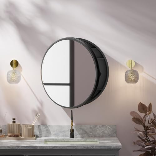 Image of iSTAR Round Wall Mirror with Storage Shelf | Bathroom Vanity Cabinet with Hidden Storage Cabinet | Wall Mounted, Bathroom, Bedroom, Living Room