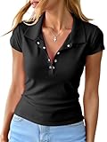 Photo Gallery freecute polo da donna con scollo a v profondo e maniche ad aletta, stile casual, con colletto e bottoni, a costine, nero, m Photo Gallery freecute polo da donna con scollo a v profondo e maniche ad aletta, stile casual, con colletto e bottoni, a costine, nero, m