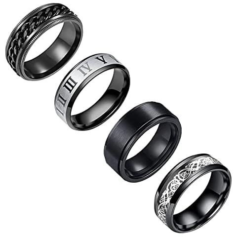 yfstyle 4PCS Stainless Steel Rings for Men Wedding Ring Cool Simple Band Rings for Men Black Plated Matte Finish Stackable Bands Rings Size 6-12-black set-7 Cover