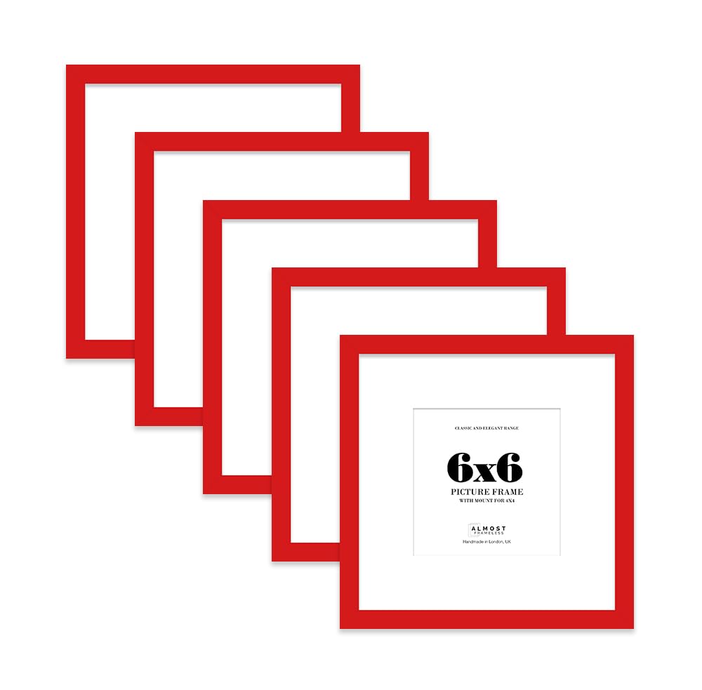 6x6 Red Picture Frame with Mount for 4x4 Photos, Prints - Modern Square Wall Frame, Set of 5