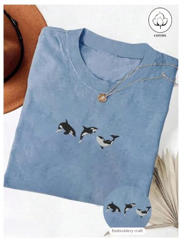 Image of RoseSeek Women's Cute Embroidered Tops Crew Neck Short Sleeve T Shirts Casual Going Out Tops