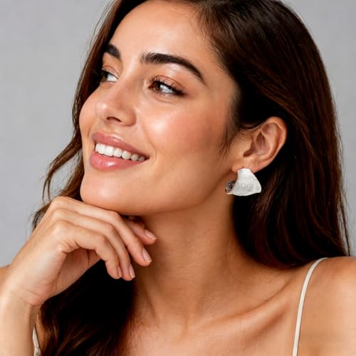 Sculptural Silver Plated Stud Earrings for Women, Textured Abstract Statement Earrings with 925 Sterling Silver Posts, Modern Geometric Fashion Jewelry for Wedding Party Gift — view 2