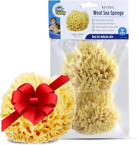 Image of Baby Buddy Absorbent Natural Bath Sponge, Ultra Soft Premium Sea Wool Sponge, Soft on Baby's Tender Skin, Bath Accessories Baby and Kids, Infant Bath, Biodegradable, Hypoallergenic, 2pk, 4in