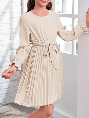 Foshow Girls Puff Long Sleeve Dresses Kids A Line Pleated Wrap Belt Crew Neck Flowy Holiday Midi Dress2