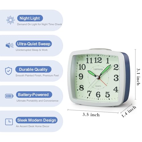 Image of Lamisola Analog Travel Alarm Clock for Bedroom, Small Desk Clock Blue | Retro Battery Clock for Bathroom Shelf Table Bedside, Night Light Silent Snooze Clear Display for Kids Senoirs Teens