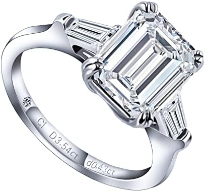 CHARMING IDEAL Three Stone Emerald Cut Moissanite Ring for Women 4CT Tapered Baguette Moissanite Engagement Rings Sterling Silver White Gold Plated Anniversary Wedding Promise Ring for Her Size 6.5