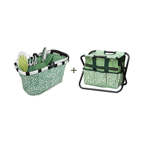Conjunto de Herramientas de Jardinería Incluir Tijeras de Podar, Rastrillo, Pala, Guantes, Bolsa de Jardinería, Taburete de Jardín Plegable para Mujeres/Abuelos/Padres