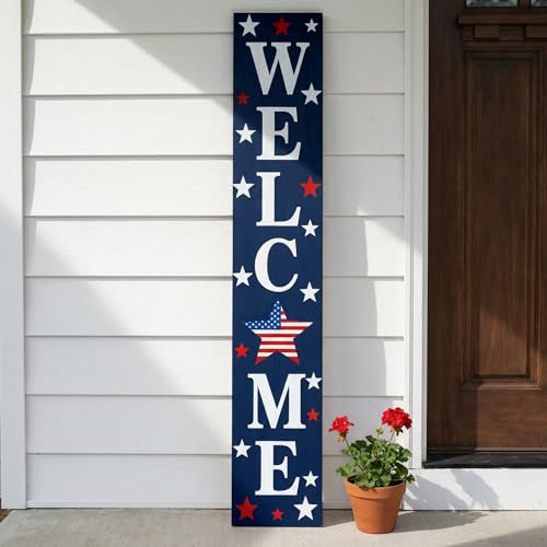 Image of Vertical Patriotic Welcome Porch Sign,4th of July Wooden Decoration for Front Porch,250th Anniversary Memorial Day Wooden Porch Sign for Outdoor Patio.