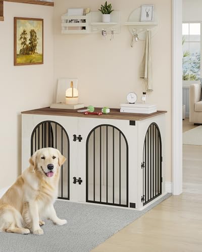 Hzuaneri Hundekäfig Möbel, 108 cm Hundebox für Zuhause, 3 Türen, Bogentür, Moderne Hundebox Indoor für Hunde, Beistelltisch, Hundekäfig Hochbelastbar, 108 x 64 x 76 cm, Weiß Braun DFC86014B