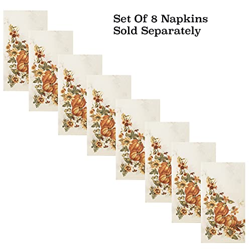 Lintex Stockbridge Pumpkin Harvest Bordered Thanksgiving Napkins, Autumn Fall Leaf, Sunflower And Acorn Border Print Easy Care Napkins, Set Of 8 Fabric Bordered Napkins #TOP3