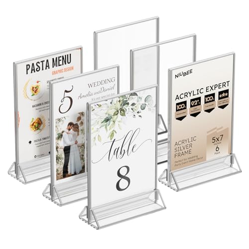 NIUBEE 6-Pack 5x7 Clear Acrylic Sign Holder with Silver Borders