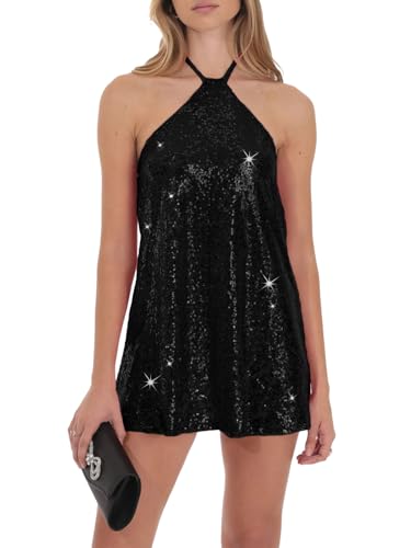 Image of hibshaby Women's Sequin Dress Halter Backless Party Cocktail Mini Dress | Soft lined sparkly fabric with tie straps for club nights, birthdays, concerts, and holiday looks