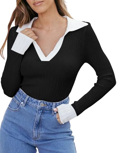 ZAFUL Women's Fall V Neck Sweater Collared Long Sleeve Polo Shirts Ribbed Knit 2025 Winter Pullover Tops2