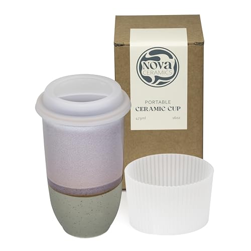 Image of NOVA CERAMICS Coffee Travel Mug - Reusable To Go Mug - Microwave & Dishwasher Safe White & Purple Tumbler - Gifts For Women Men Him Her - 16oz - Horizon