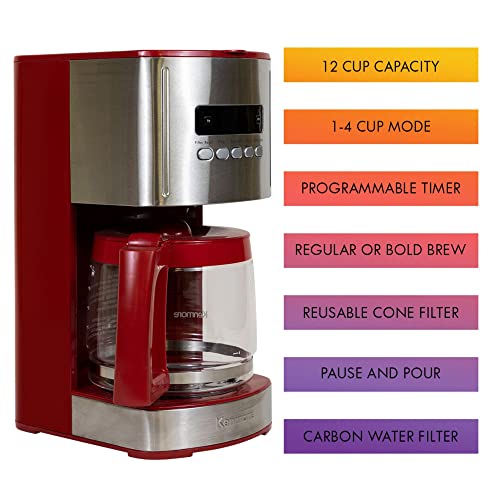 Kenmore Aroma Control 12-Cup Programmable Coffee Maker, Red And Stainless Steel Drip Coffee Machine, Glass Carafe, Reusable Filter, Timer, Digital Display, Charcoal Water Filter, Regular Or Bold #TOP2