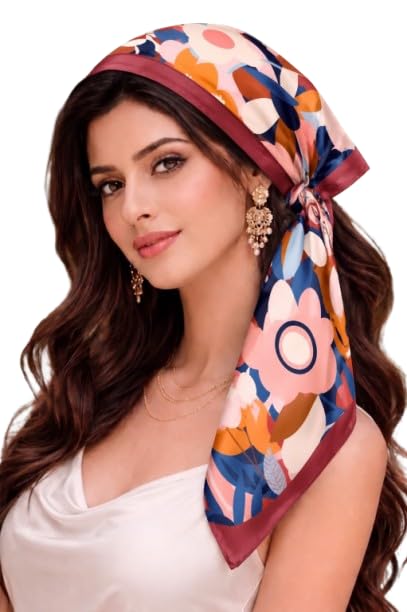 Image of Satin Square Head Scarf for Women, Floral Printed
