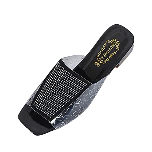 Pantoufle femme noires à strass et talon épais style été transparent