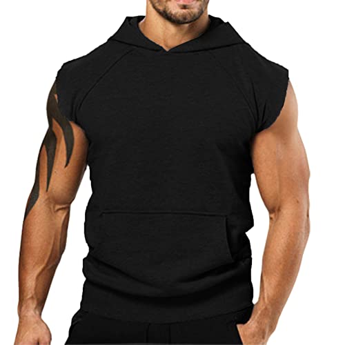 Men's Workout Hooded Tank Top Sleeveless Gym Sports Hoodies Muscle Cut Off T Shirt With Pocket(Black,Large) #TOP17