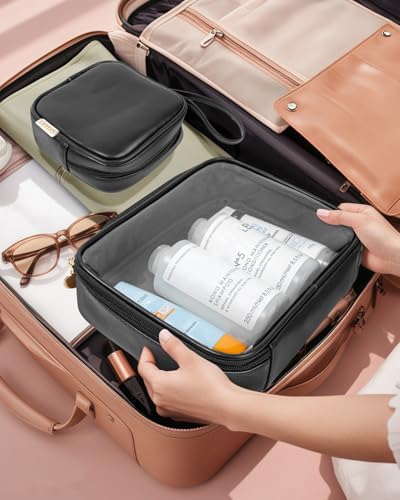 Image of LETGO TSA Approved Toiletry Bag, Clear Makeup Bags with Small Makeup Bags for Purse, Quart Size PVC Cosmetic Bags for Women and Men (No Handle-Black, Large+Mini)