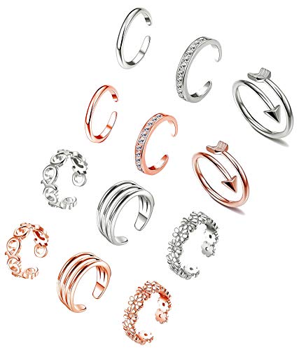 XINBOO Open Toe Rings Set for Women Girls Adjustable Rose Gold Silver Cute Knuckle Pinky Rings 6/12PCS Hypoallergenic Finger Foot Jewelry