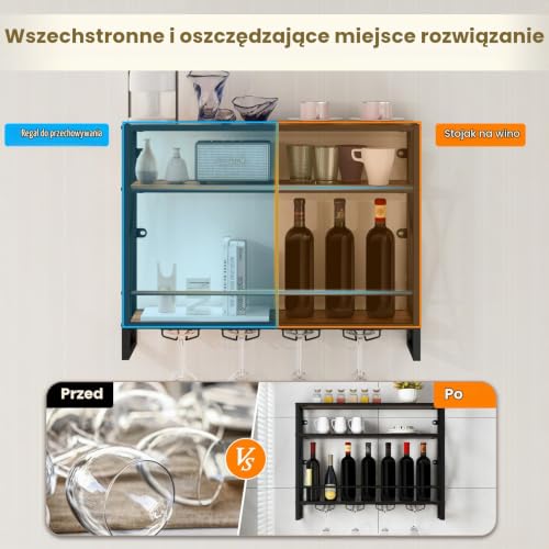 KOMFOTTEU Wall Board, Ozdobny stojak na wino z uchwytem na kubki Wiszący uchwyt na butelki, 20 kg ładunku na warstwę, do kuchni, piwnicy, baru (80 x 20 x 63 cm), SE09778DE-GL
