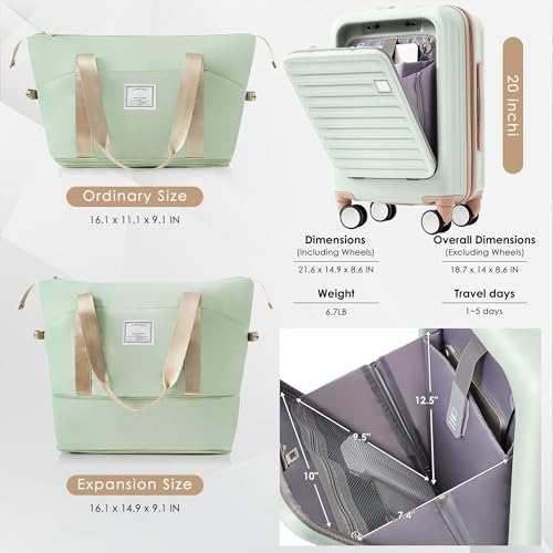 Convenient 20-Inch Carry-On Luggage Set with Expandable Travel Bag, USB Port, Cup Holder, Durable Hard Shell in Grey Green2