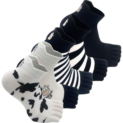 Sunolkie Cow Print Toe Socks for Women - 5-Pack Cotton Five Finger Ankle Socks With Cute Cow Embroidery, Comfortable and Breathable Striped Athletic for Running, Yoga, and Daily Wear