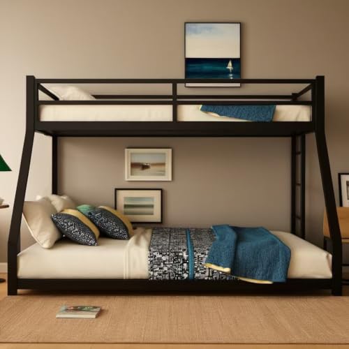 PVWIIK Metal Full XL Over Queen Bunk Bed w/Ladder and Safety Guardrail for Kids Teens Adults,Heavy-Duty Sturdy Bunk Bed,No Box Spring Needed,Black