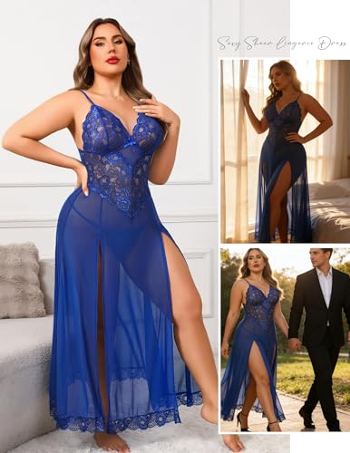 Image of Avidlove Plus Size Lingerie for Curvy Women Long Lace Babydoll Nightdress | V neck sheer mesh nightgown,g-string included,high side slits,adjustable straps,curve-flattering fit,maternity photoshoot