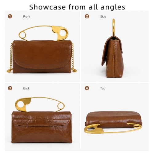 Image of Women's Small Soft Pin Shaped Vegan Leather Crossbody Purse Bag with Gold Metallic Handles & Chain