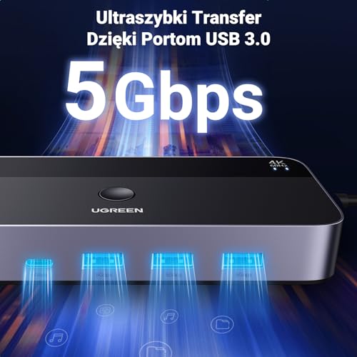 UGREEN HDMI 2.0 KVM Przełącznik 4K@60Hz USB 3.0 Przełącznik 4 porty USB (3*USB 3.0+USB C) Udostępnianie 1 Monitora i Klawiatury, Myszy, Drukarki, Dysku U na 2 PC z 2 USB kablami i 2 HDMI kablami.
