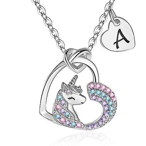 Unicorns Gifts for Girls, 14K Gold/White Gold/Rose Rainbow Unicorn Necklace for Girls Initial Unicorn Jewelry for Kids Birthday Gifts for Girls Colorful CZ Jewelry Christmas Unicorn Gifts for Girls