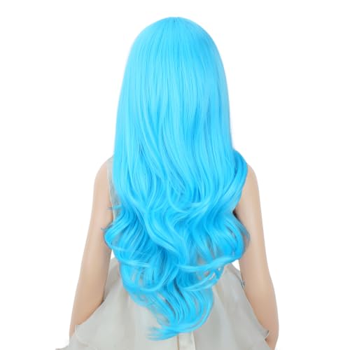 Image of PATTNIUM Light Blue Long Curly Wigs for Kids Girls Blue Middle Part Heat Resistant Synthetic Wigs Halloween Cosplay Costume Party Wig