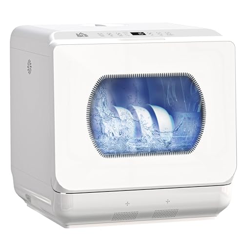 HOMCOM Mini lave-vaisselle 4 couverts, lave-vaisselle de table 5 programmes, double alimentation en eau, lavage des fruits, réservoir d'eau 6L, commande...