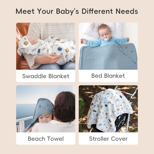 Image of PHF 100% Muslin Cotton Baby Hooded Towels, 2 Pack Bath Towel with Hood for Newborn, Infant, Toddler, Ultra Soft and Absorbent Baby Bath Essentials, Shower Gifts for Boys, 32x32Inch, Woodland