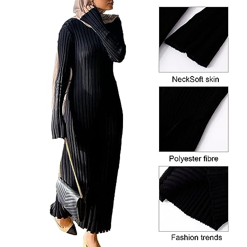 YOZUMD Vestido feminino maxi de malha plissado formal gola redonda manga longa slim fit coquetel cas