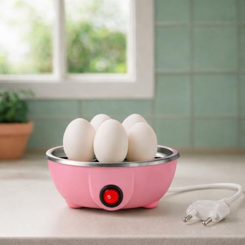 Image of Electric Egg Boiler | 350 Watt | Boils Upto 7 Eggs | Automatic | 3 Boiling Modes | Overheat Protection | Egg Poacher| Stainless Steel Heating Plate, Measuring Cup | 75ml | Plastic | PINK