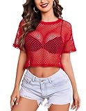 Avidlove Sexy Fishnet Shirt Short Sleeves Top Net T Shirts See Through Cropped Top Red X-Large New