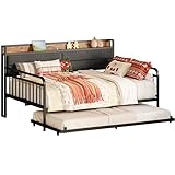 LIKIMIO Daybed with Trundle, Sturdy Metal Full Size Bed Frame with Upholstered Headboard and Charging Station for Living Room, Bedroom and Guest Room, Black