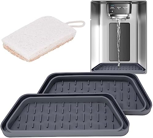 ARISKEY Refrigerator Drip Tray, 2PCS Refrigerator Water Dispenser Drip Tray with Natural Loofah Sponge, Non-slip Silicone Water Dispenser Drip Collector for Most Rrefrigerator Water Dispenser - Grey