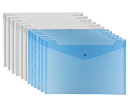 Bird Fiy Clear Document Folder with snap Button,Premium Quality Poly Envelope, A4 Size, Set of 12 in 2 Assorted Colors, Blue,White