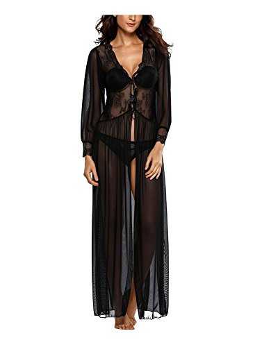 Dearaimili Mujer Manga Larga Bata de Noche Malla Encaje Puntadas Escote en V Pijama,S-L