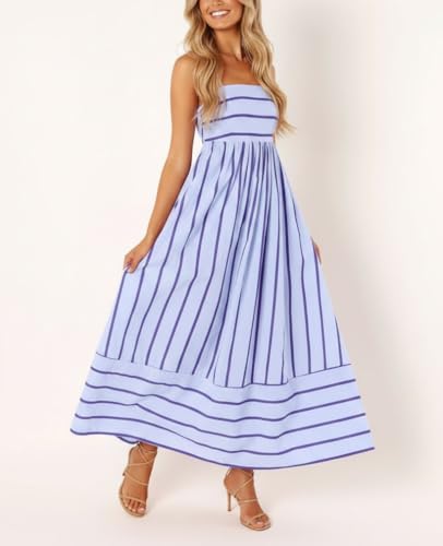 Image of chouyatou Women's Striped Back Smocked Maxi Dress Sexy Spaghetti Strap Cut Out Flowy Swing Long Dress