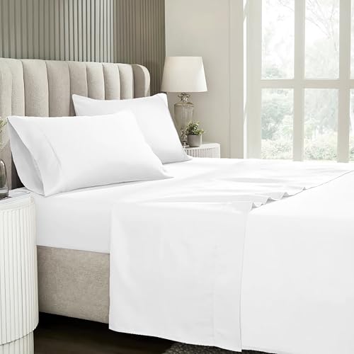 Juego de Sábanas Lisas de Microfibra Cepillada Extra Suave – Resistente a las arrugas y decoloración – Fácil planchado – Bajera Ajustable, Encimera y 1 Funda de Almohada (Blanco, Cama 90 cm)