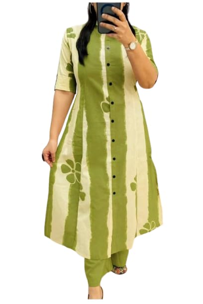 Highlander Trendy Cotton A-Line Kurta with Vertical Stripes, Button Front Design, Available in Green, Yellow, Black Colors, Size M to XXL, Floral Accent in black
