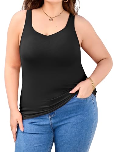 V FOR CITY Women Plus Size Tank Tops with Built-in Padded Bra Adjustable Strap V-Neck Camisole Cotton Cami Shirts 1X-4X