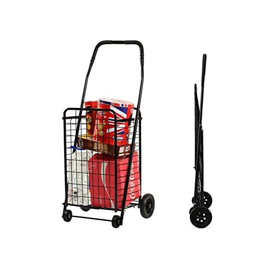 FiveShops Utility Cart with Wheels to be Used as a Shopping Cart, Grocery Cart, Laundry Cart and Stair Climber Cart, Weighs 7.5 Pounds but Holds up to 90 Pounds, Compact and Foldable, Black
