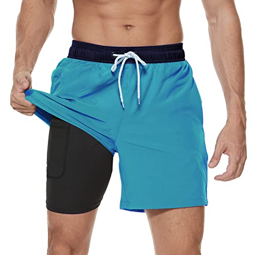Arcweg Men's Swim Trunks Mens Swimming Shorts with Compression Liner Quick Dry Stretchy 2 in 1 Board Shorts with Zipper Pockets Navy+Blue XL(UK)